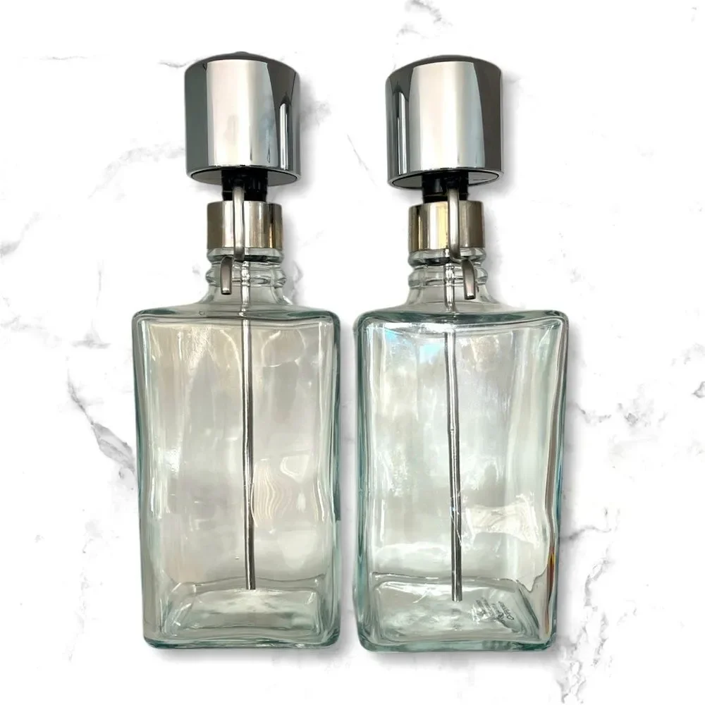 Crate & Barrel Barware Pump Top Liquor Decanters Set Of 2 Vodka & Bourbon